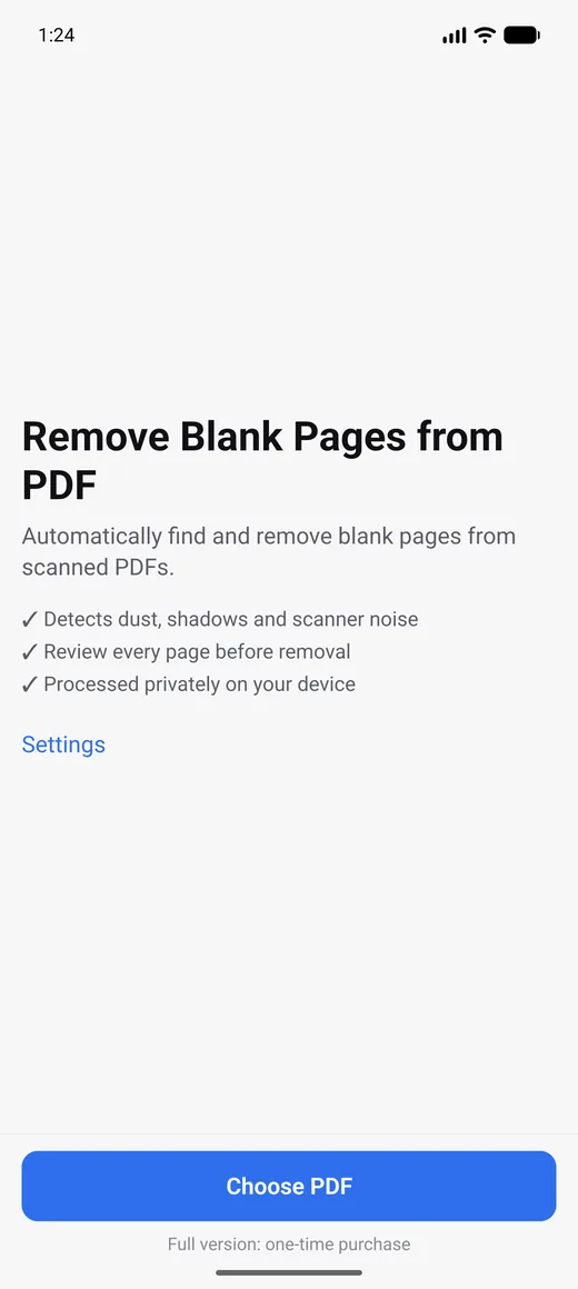 Home screen of Remove Blank Pages from PDF with a single Choose PDF button