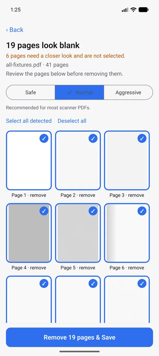 The review screen: 19 pages detected as blank, shown as thumbnails with a Safe / Normal / Aggressive sensitivity switch