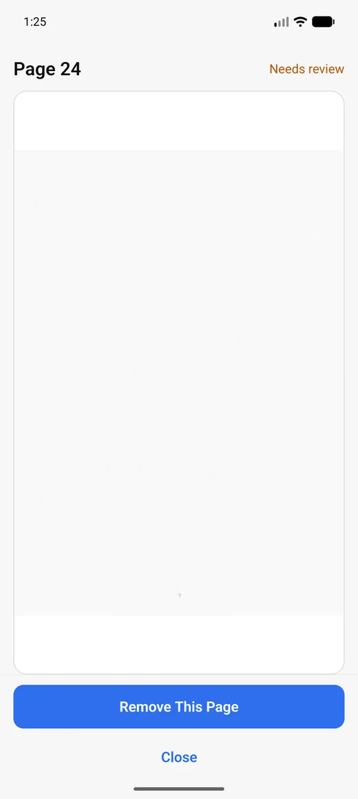 Full-page preview of a page marked Needs review, with a Remove This Page button