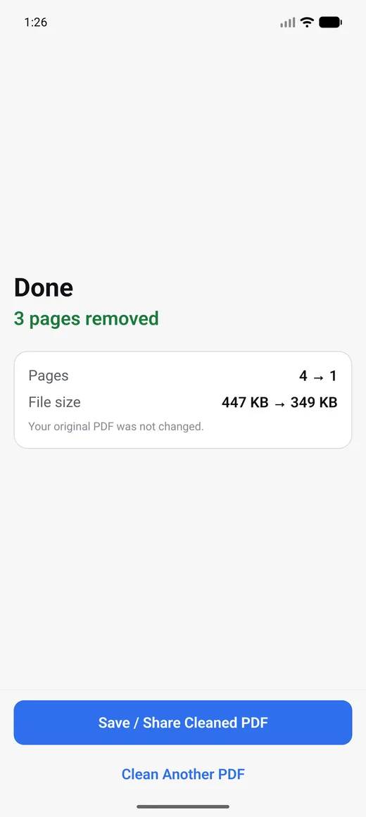 Result screen showing the pages removed, with Save and Share buttons