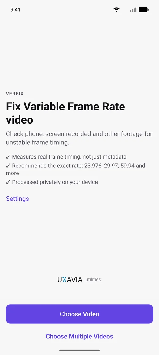 Home screen: Fix Variable Frame Rate video, with Choose Video and Choose Multiple Videos buttons