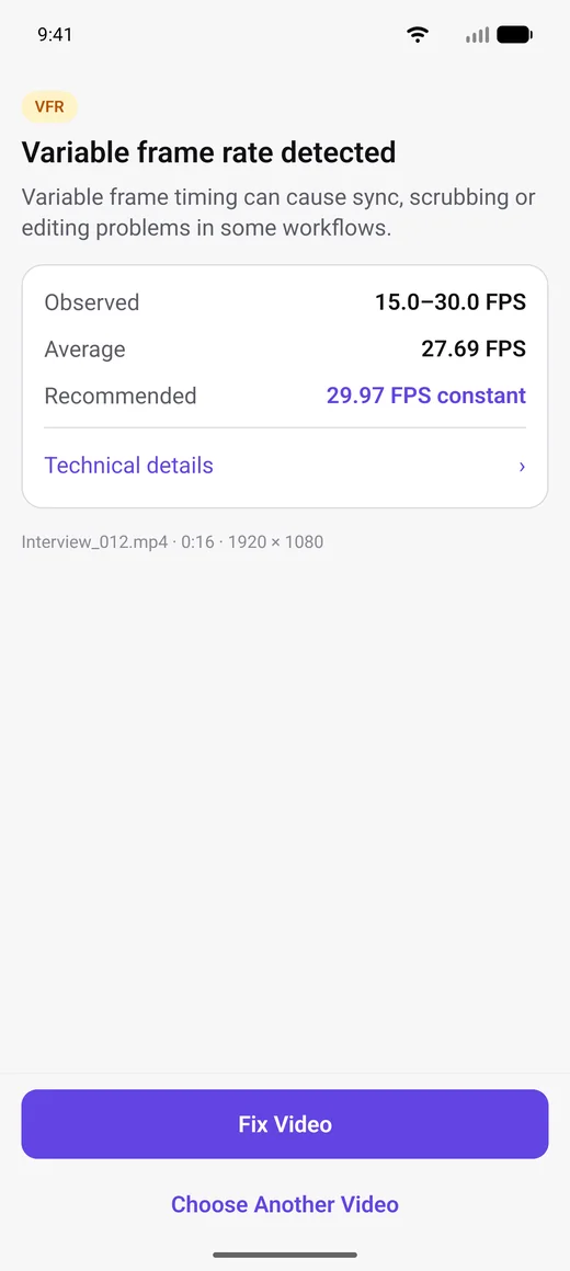 The result screen: Variable frame rate detected, observed 15.0–30.0 FPS, recommended 29.97 FPS constant, with a Fix Video button