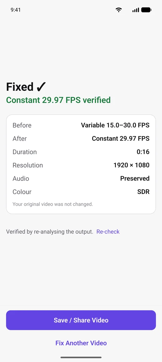 Success screen: video fixed, verified constant at 29.97 FPS, with Save and Share buttons